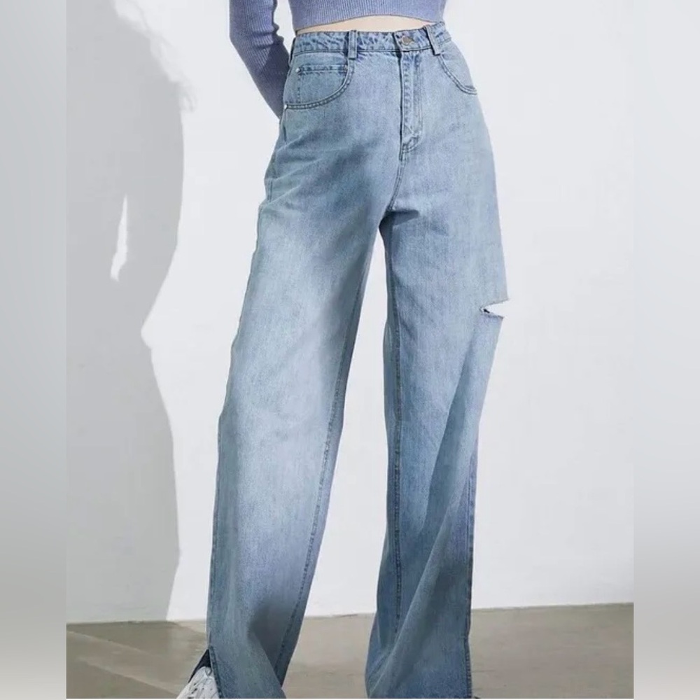 J.ING Ripped Baggy Wide Leg Cotton Jeans
